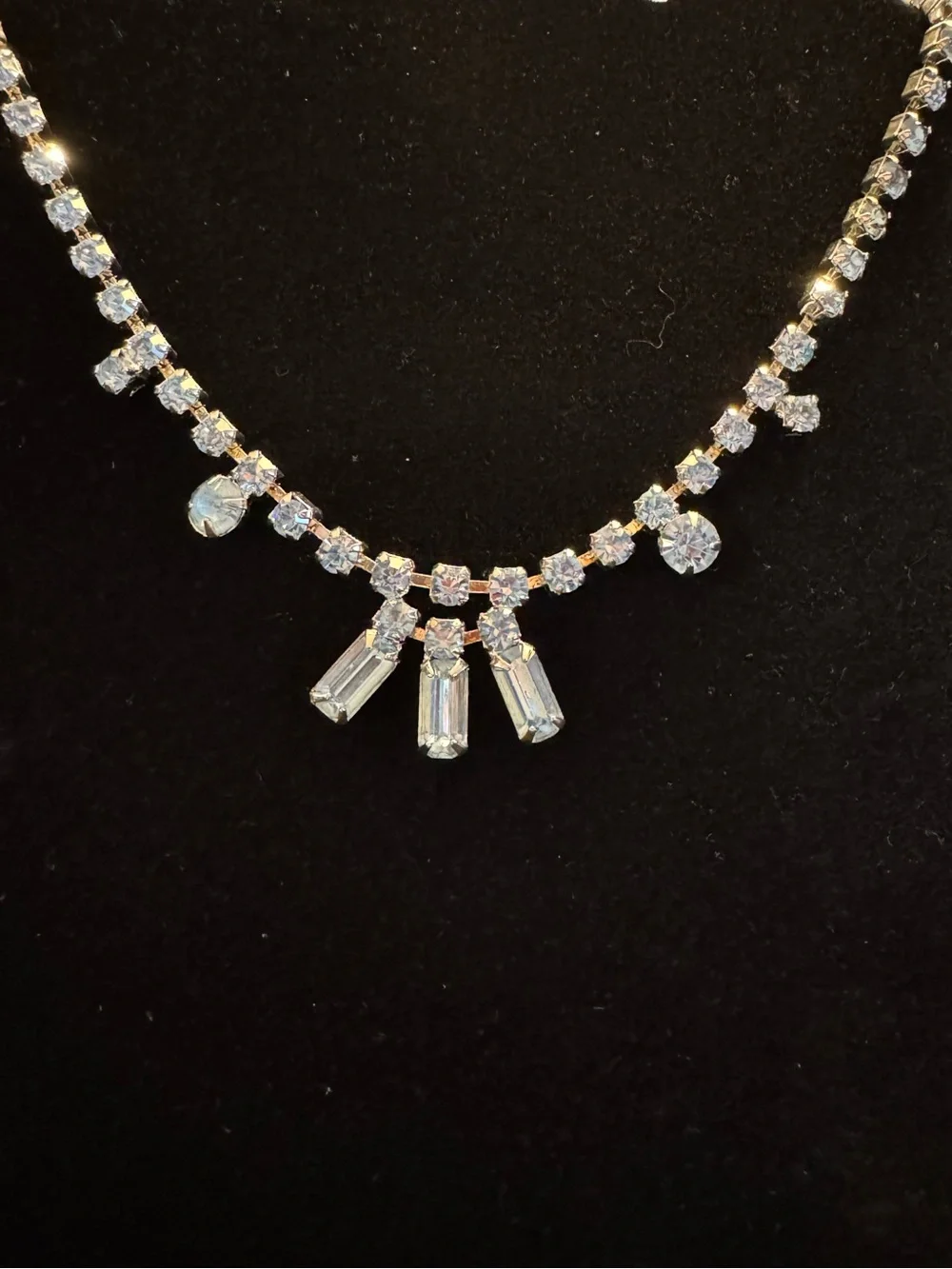 Vintage Icy Blue Rhinestone Fringe Necklace 16” Hollywood Regency